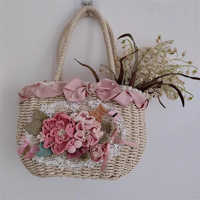 2023 New Design Straw Bag Lolita Handbag Summer Mini Beach Bag for Women Handmade Floral Lace Totes Woven Crossbody Bag Purse