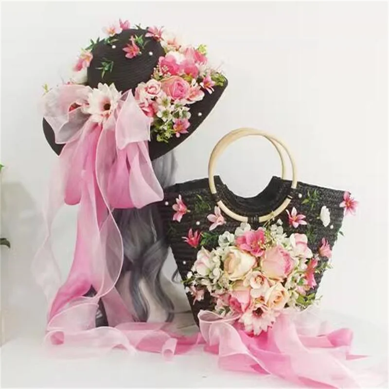 Design bag Women straw Handbag Summer Seaside Vacation Larger Capacity Flowers Tote Bags with Sun Hat Handmade Woven Bags