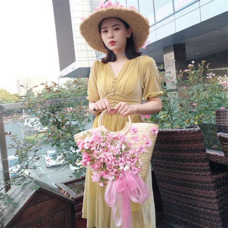 Design bag Women straw Handbag Summer Seaside Vacation Larger Capacity Flowers Tote Bags with Sun Hat Handmade Woven Bags