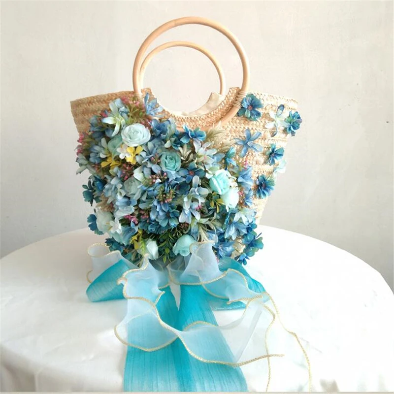 Design bag Women straw Handbag Summer Seaside Vacation Larger Capacity Flowers Tote Bags with Sun Hat Handmade Woven Bags