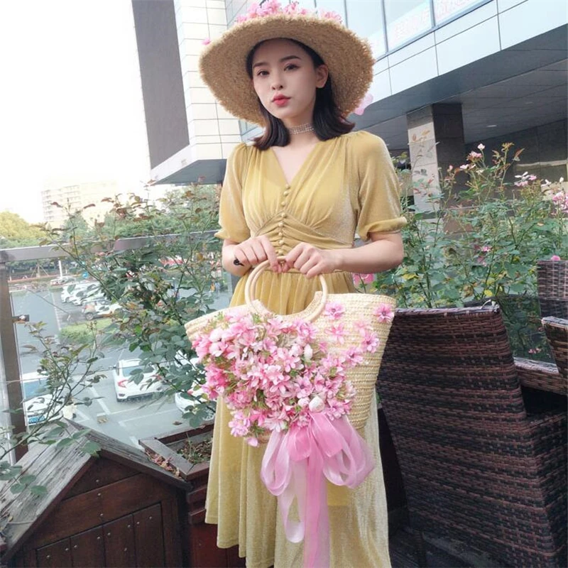 Design bag Women straw Handbag Summer Seaside Vacation Larger Capacity Flowers Tote Bags with Sun Hat Handmade Woven Bags