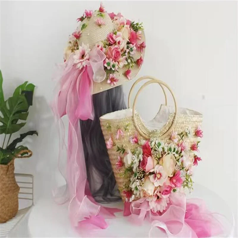 Design bag Women straw Handbag Summer Seaside Vacation Larger Capacity Flowers Tote Bags with Sun Hat Handmade Woven Bags