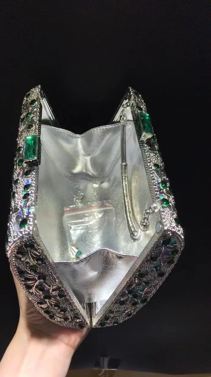 New Arrival Large Green Crystal Formal EveningStone Women Diamond Clutches Luxury Silver Metal Lady Party Wedding Purse  Handbag