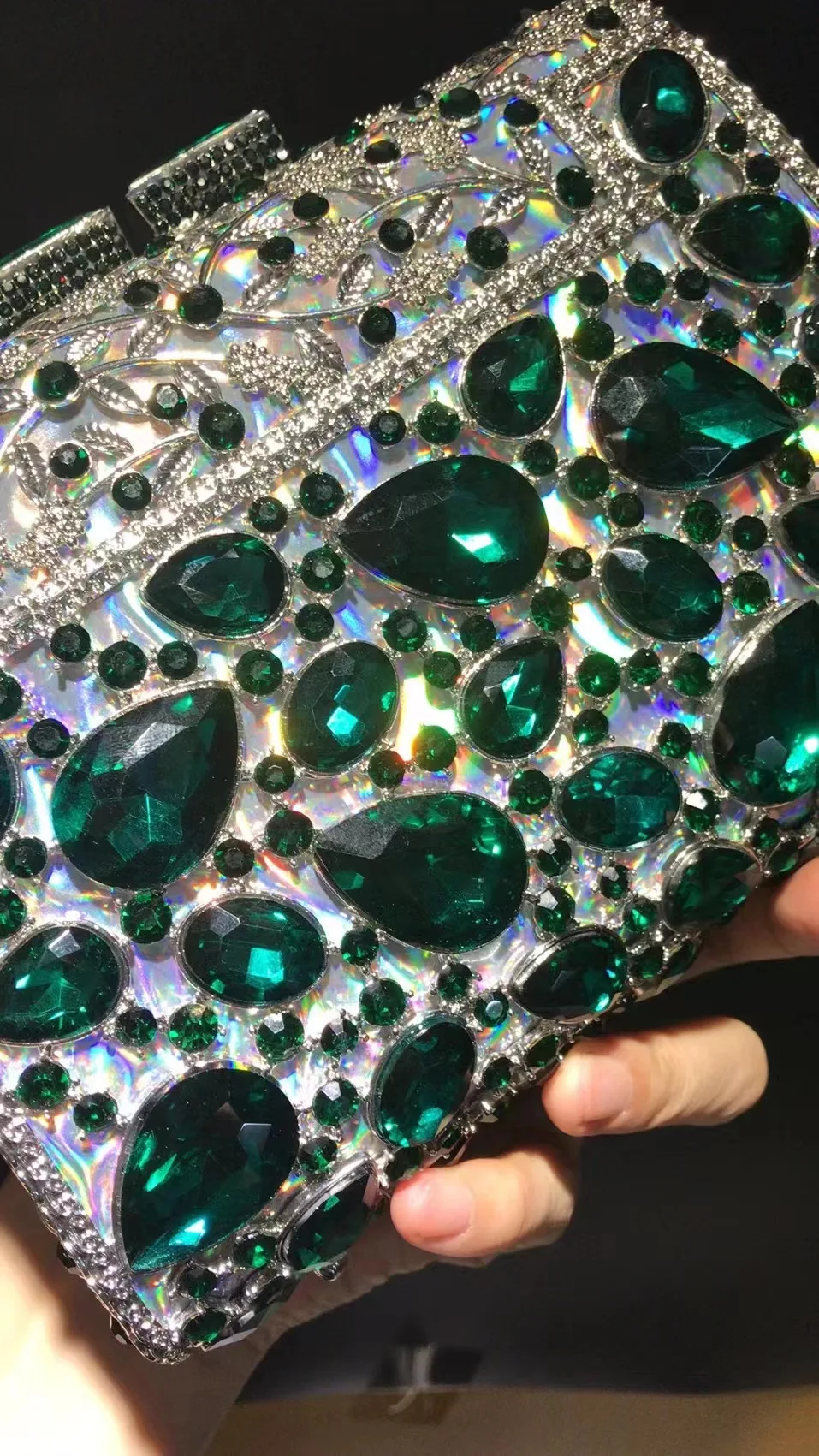 New Arrival Large Green Crystal Formal EveningStone Women Diamond Clutches Luxury Silver Metal Lady Party Wedding Purse  Handbag