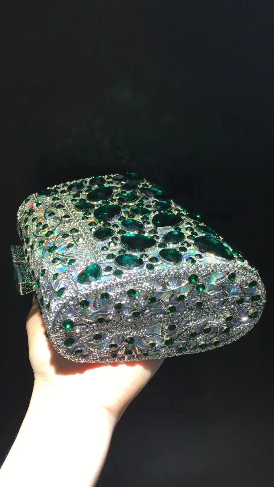 New Arrival Large Green Crystal Formal EveningStone Women Diamond Clutches Luxury Silver Metal Lady Party Wedding Purse  Handbag