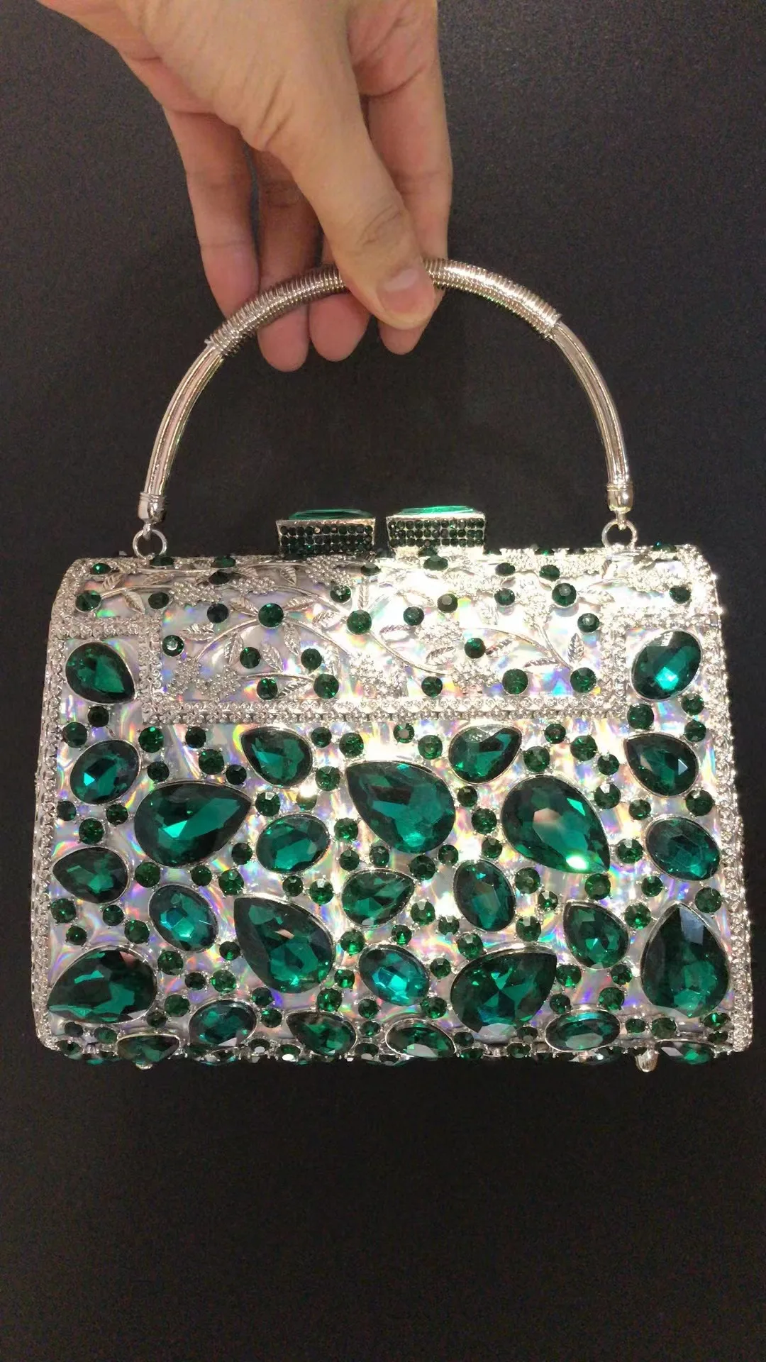 New Arrival Large Green Crystal Formal EveningStone Women Diamond Clutches Luxury Silver Metal Lady Party Wedding Purse  Handbag