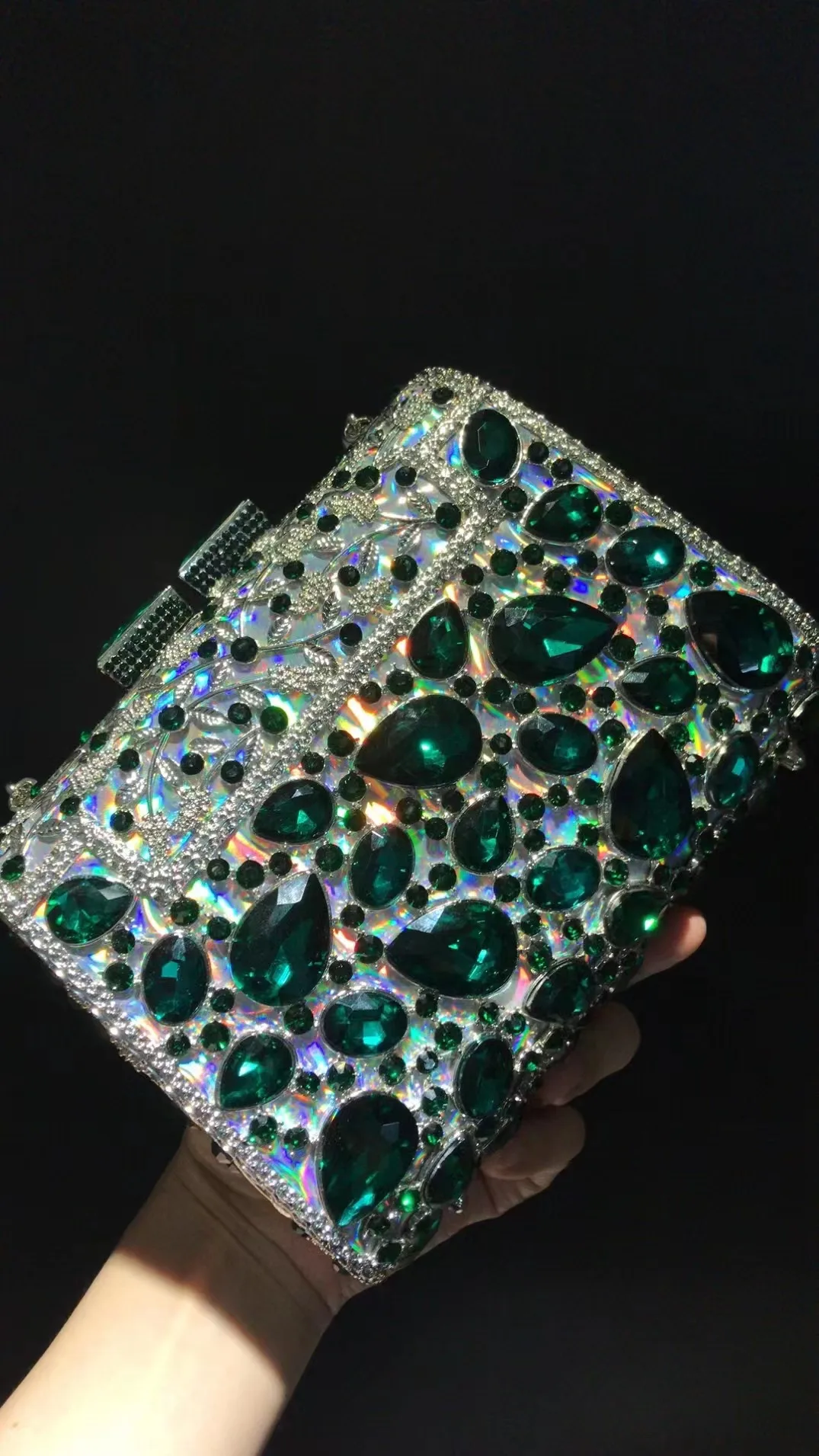 New Arrival Large Green Crystal Formal EveningStone Women Diamond Clutches Luxury Silver Metal Lady Party Wedding Purse  Handbag