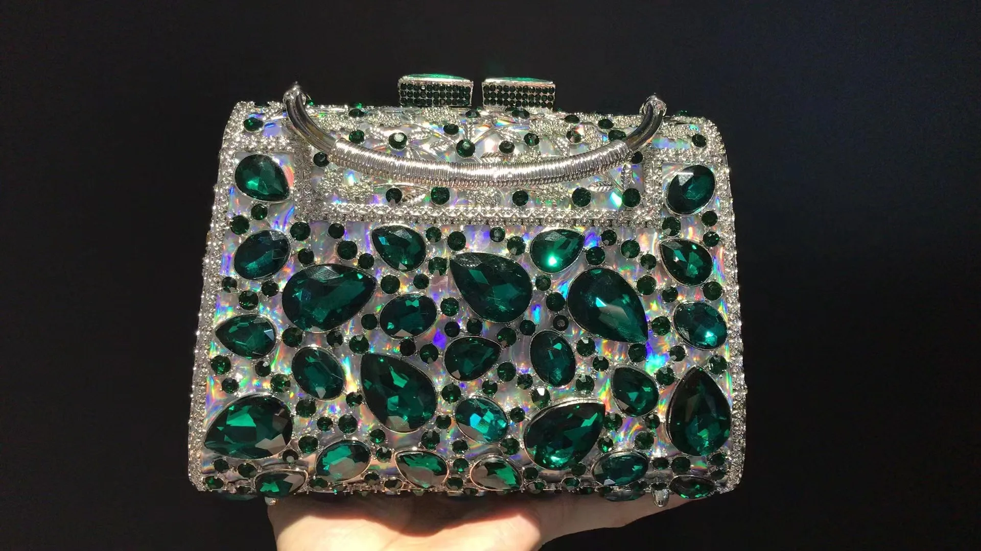 New Arrival Large Green Crystal Formal EveningStone Women Diamond Clutches Luxury Silver Metal Lady Party Wedding Purse  Handbag