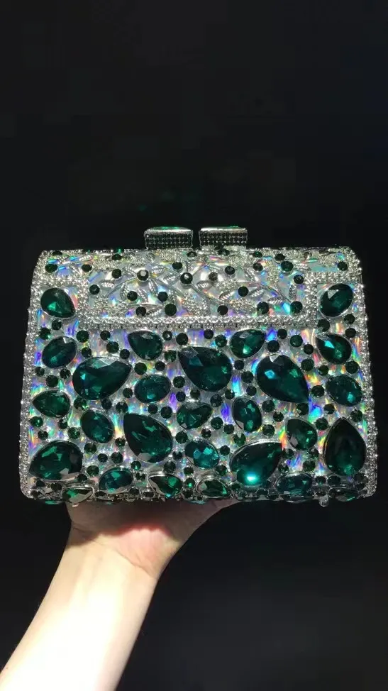 New Arrival Large Green Crystal Formal EveningStone Women Diamond Clutches Luxury Silver Metal Lady Party Wedding Purse  Handbag