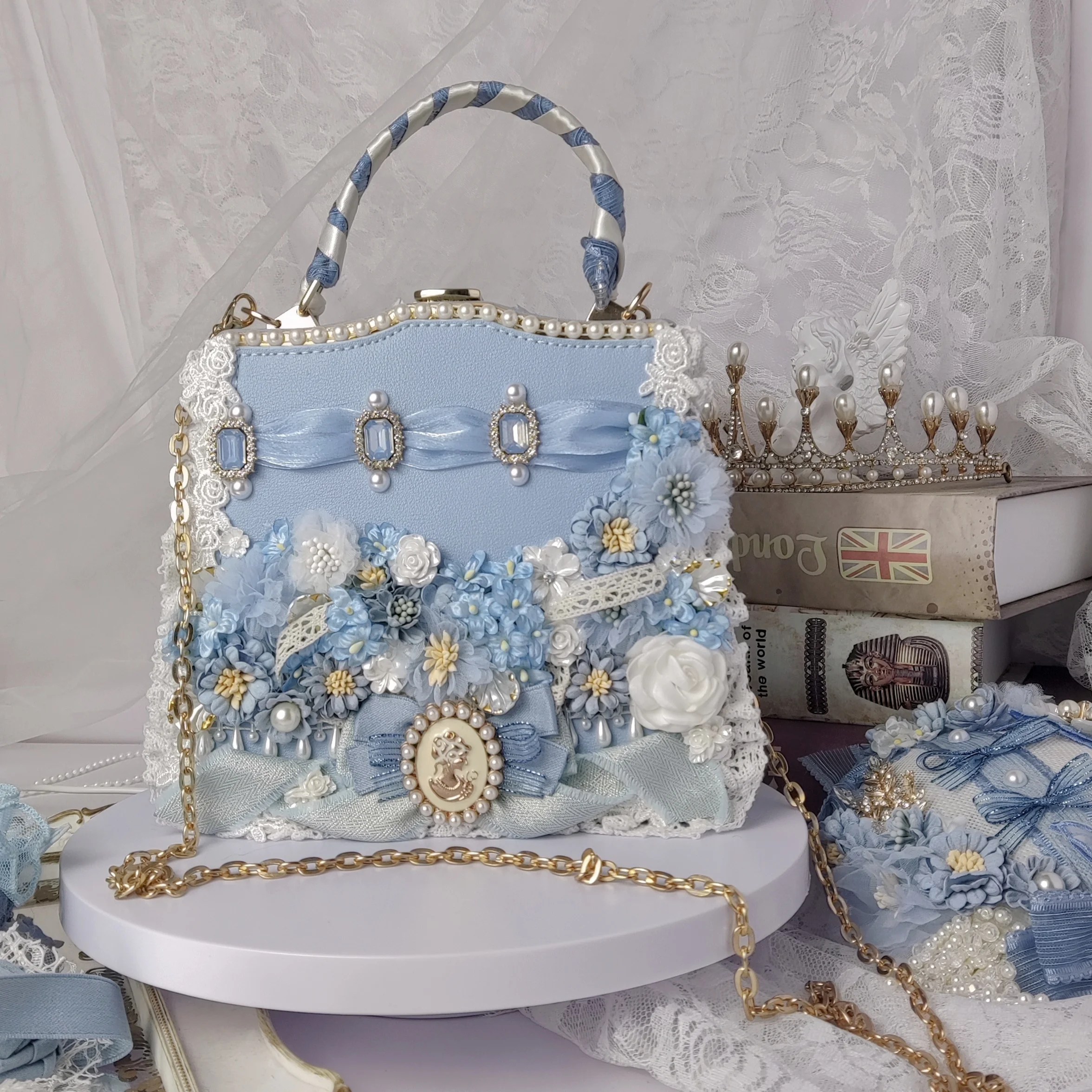 [Original] Handmade Gorgeous Flower Wedding Cla Series Blue Handbag Retro Crossbody