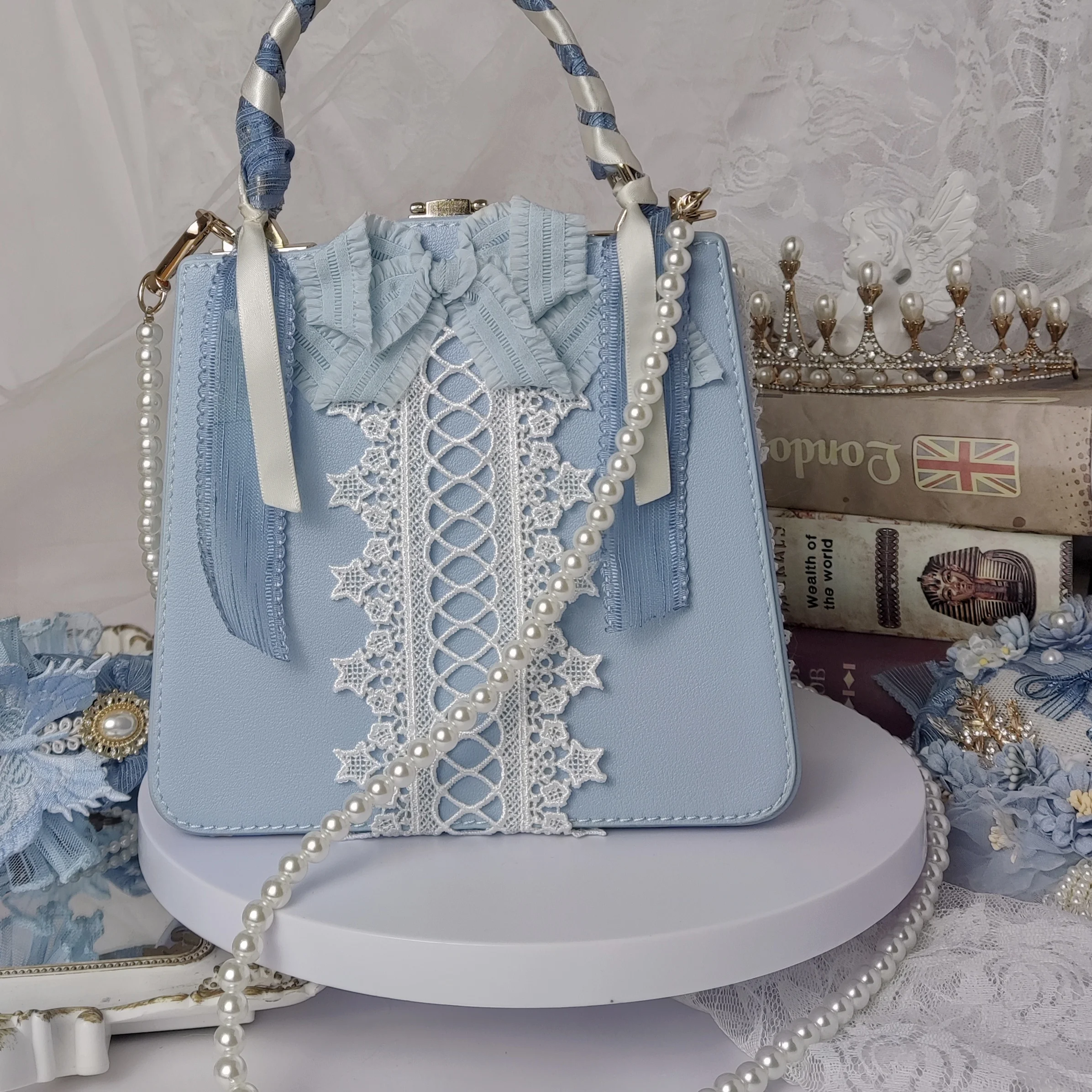 [Original] Handmade Gorgeous Flower Wedding Cla Series Blue Handbag Retro Crossbody