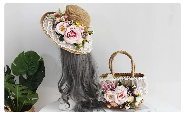 Women Fashion Summer Beach Bag and Hat Suit Multicolor Artificial Flowers Lace Rattan Handbag Bohemia Weave Straw Casual Tote