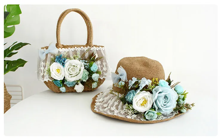 Women Fashion Summer Beach Bag and Hat Suit Multicolor Artificial Flowers Lace Rattan Handbag Bohemia Weave Straw Casual Tote