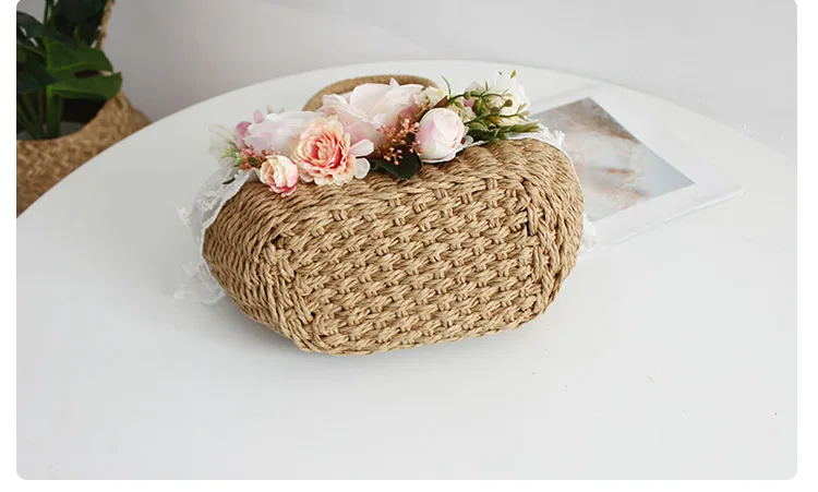 Women Fashion Summer Beach Bag and Hat Suit Multicolor Artificial Flowers Lace Rattan Handbag Bohemia Weave Straw Casual Tote