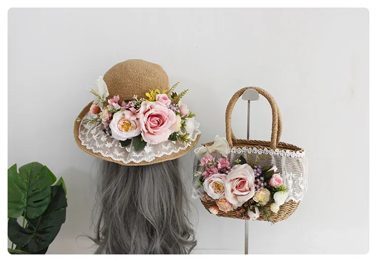 Women Fashion Summer Beach Bag and Hat Suit Multicolor Artificial Flowers Lace Rattan Handbag Bohemia Weave Straw Casual Tote