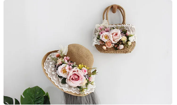 Women Fashion Summer Beach Bag and Hat Suit Multicolor Artificial Flowers Lace Rattan Handbag Bohemia Weave Straw Casual Tote