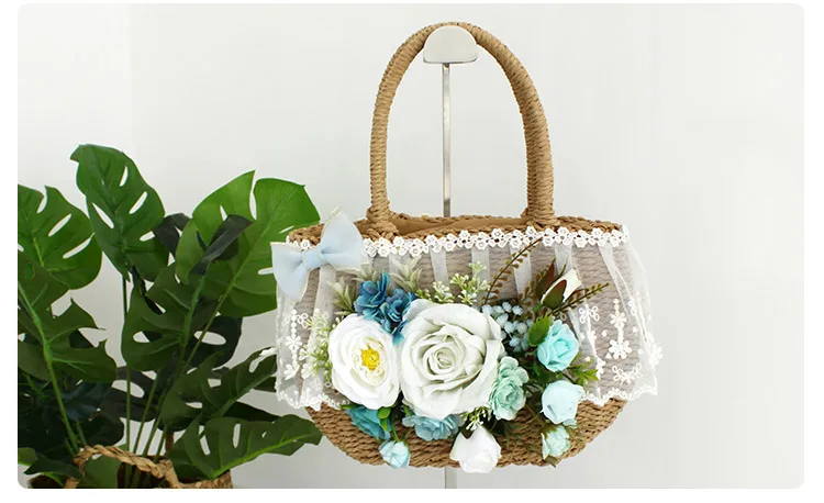 Women Fashion Summer Beach Bag and Hat Suit Multicolor Artificial Flowers Lace Rattan Handbag Bohemia Weave Straw Casual Tote