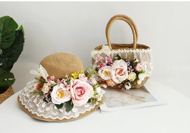 Women Fashion Summer Beach Bag and Hat Suit Multicolor Artificial Flowers Lace Rattan Handbag Bohemia Weave Straw Casual Tote