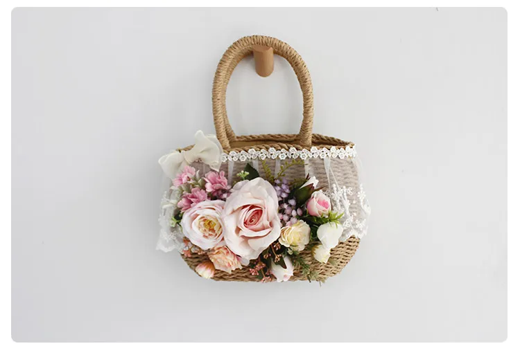 Women Fashion Summer Beach Bag and Hat Suit Multicolor Artificial Flowers Lace Rattan Handbag Bohemia Weave Straw Casual Tote