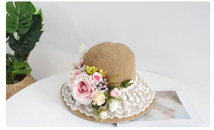 Women Fashion Summer Beach Bag and Hat Suit Multicolor Artificial Flowers Lace Rattan Handbag Bohemia Weave Straw Casual Tote