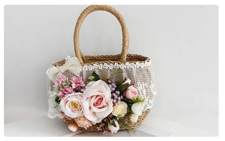 Women Fashion Summer Beach Bag and Hat Suit Multicolor Artificial Flowers Lace Rattan Handbag Bohemia Weave Straw Casual Tote