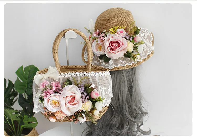 Women Fashion Summer Beach Bag and Hat Suit Multicolor Artificial Flowers Lace Rattan Handbag Bohemia Weave Straw Casual Tote