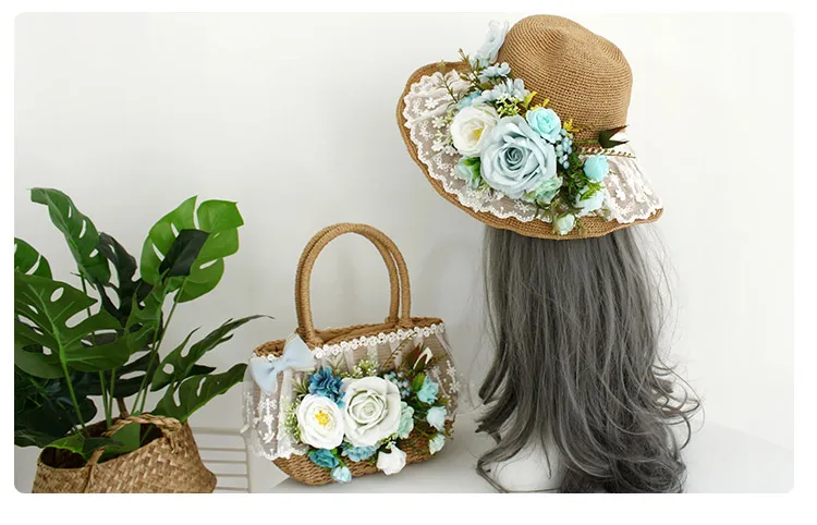 Women Fashion Summer Beach Bag and Hat Suit Multicolor Artificial Flowers Lace Rattan Handbag Bohemia Weave Straw Casual Tote