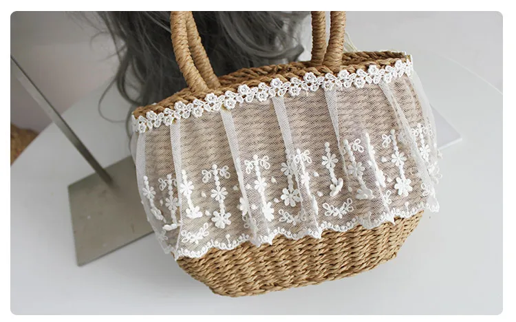 Women Fashion Summer Beach Bag and Hat Suit Multicolor Artificial Flowers Lace Rattan Handbag Bohemia Weave Straw Casual Tote