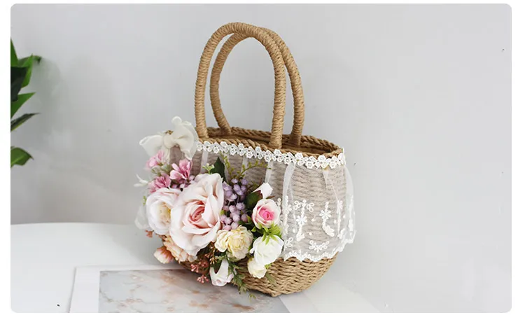 Women Fashion Summer Beach Bag and Hat Suit Multicolor Artificial Flowers Lace Rattan Handbag Bohemia Weave Straw Casual Tote