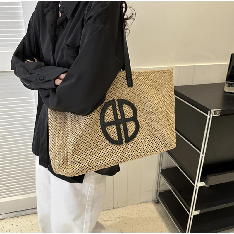 Straw Hollow Out Knitting Tote Bag Large Capacity Handmade Shoulder Handbag Women 2024 Designer Casual Beach Bag Ethnic Style