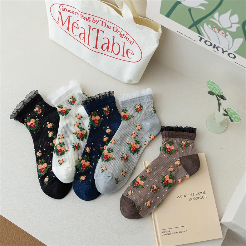Lolita Lace Ruffle Socks Floral Embroidery Harajuku Vintage Short Socks Women Summer Ultra-thin Transparent Crystal Silk Socks