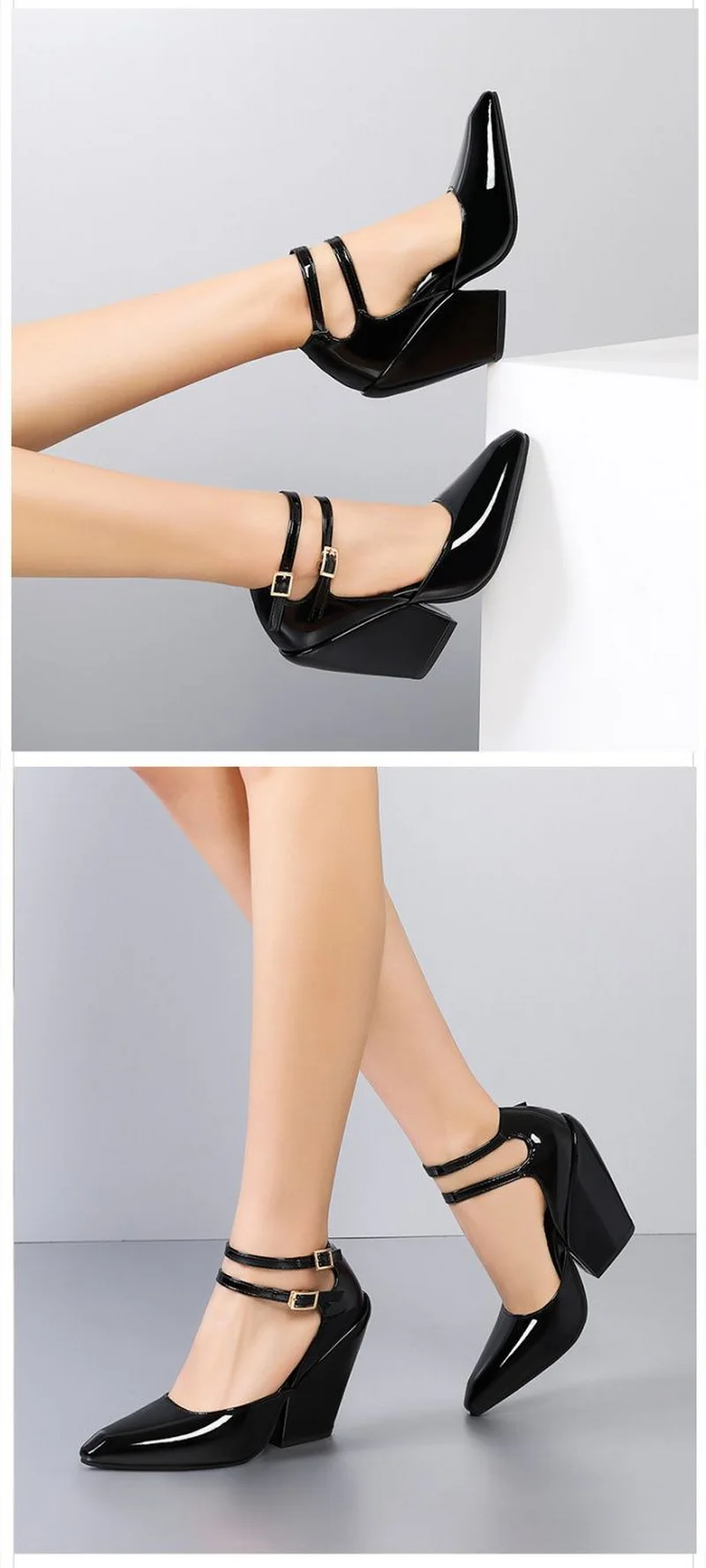 FHC 2024 Spring Leather Wedges High Heels,Women Pumps,Sexy Shallow Mary Shoes,11cm,Ankle Buckles Straps,Red,Black,White,Dropship