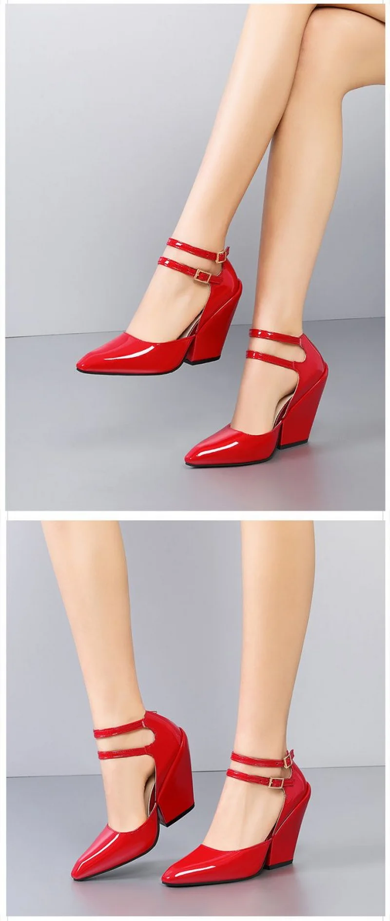 FHC 2024 Spring Leather Wedges High Heels,Women Pumps,Sexy Shallow Mary Shoes,11cm,Ankle Buckles Straps,Red,Black,White,Dropship