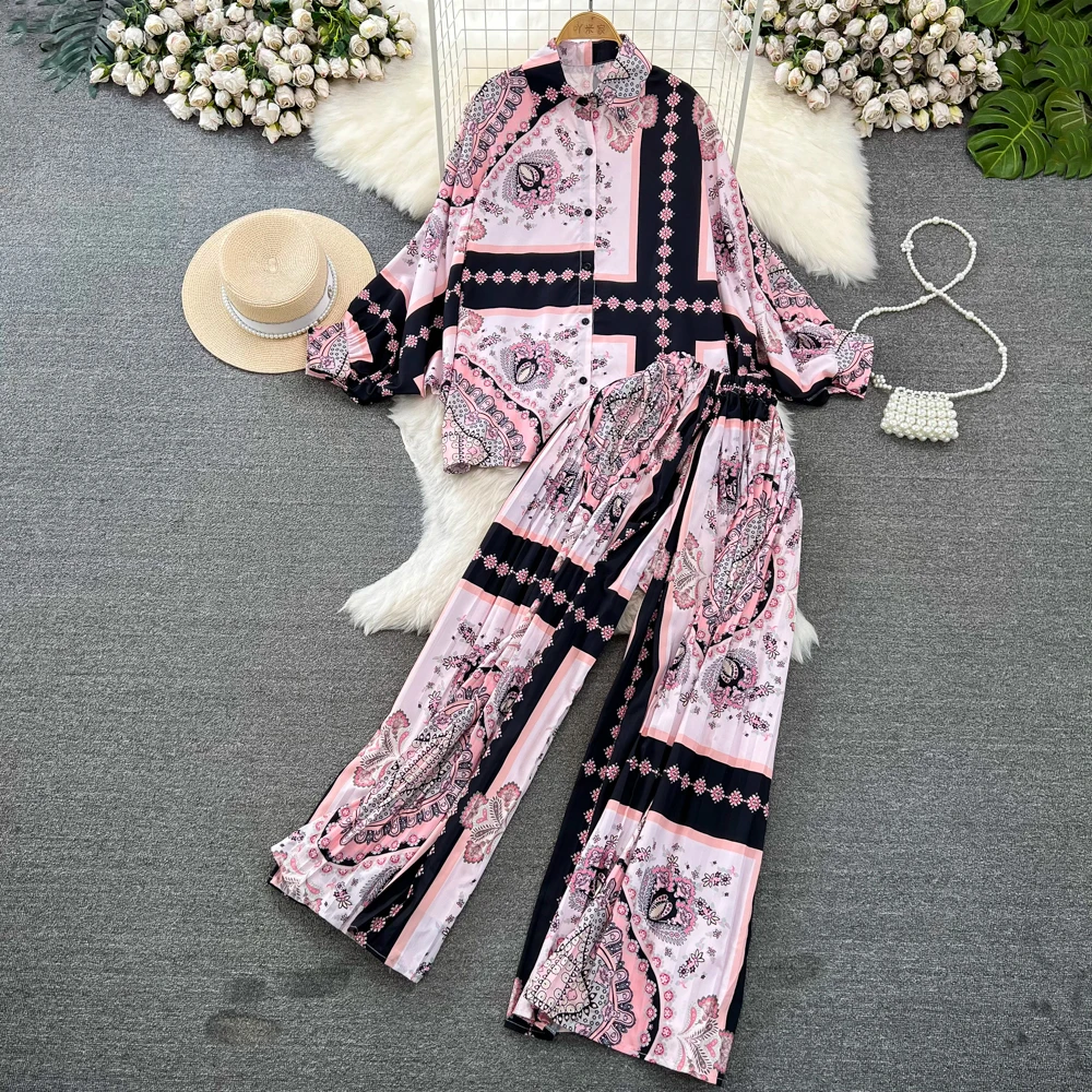 Fashion Set For Women Korean Long Sleeved Loose Single Breasted Print Shirt Two-piece High Waist Slim Straight Leg Wide Leg Pant