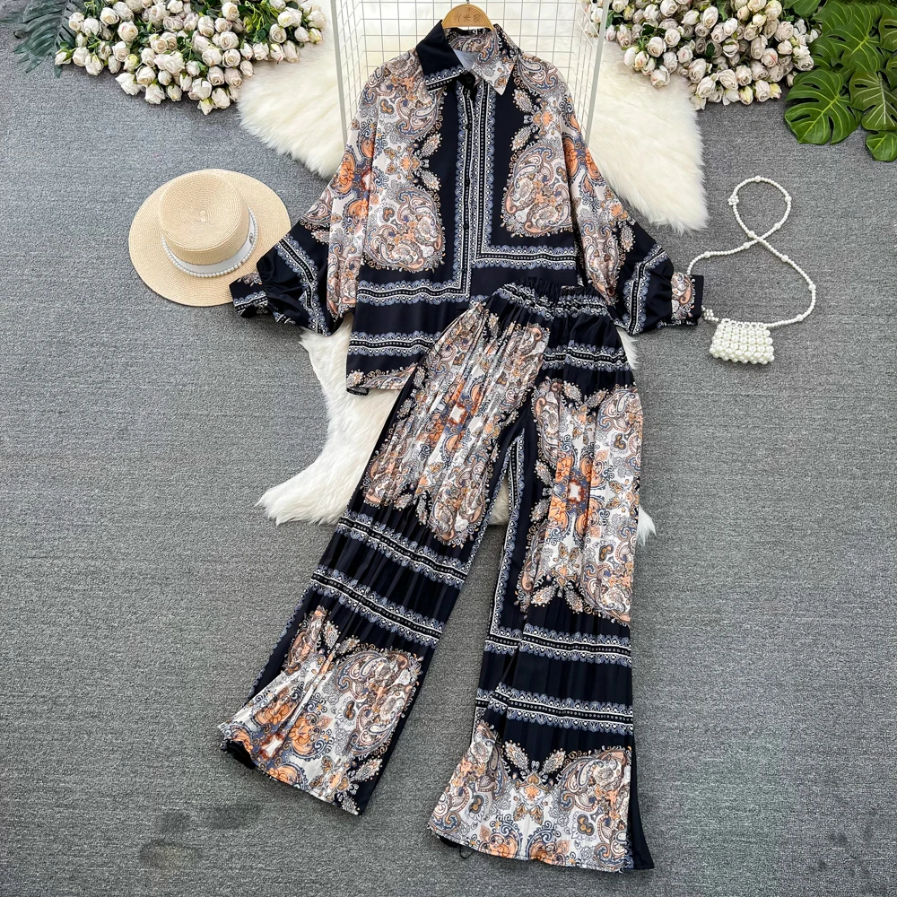 Fashion Set For Women Korean Long Sleeved Loose Single Breasted Print Shirt Two-piece High Waist Slim Straight Leg Wide Leg Pant