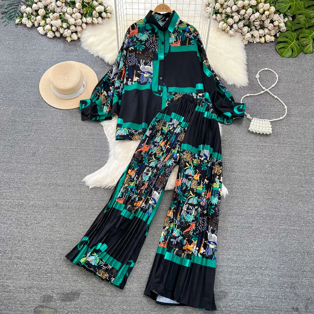 Fashion Set For Women Korean Long Sleeved Loose Single Breasted Print Shirt Two-piece High Waist Slim Straight Leg Wide Leg Pant