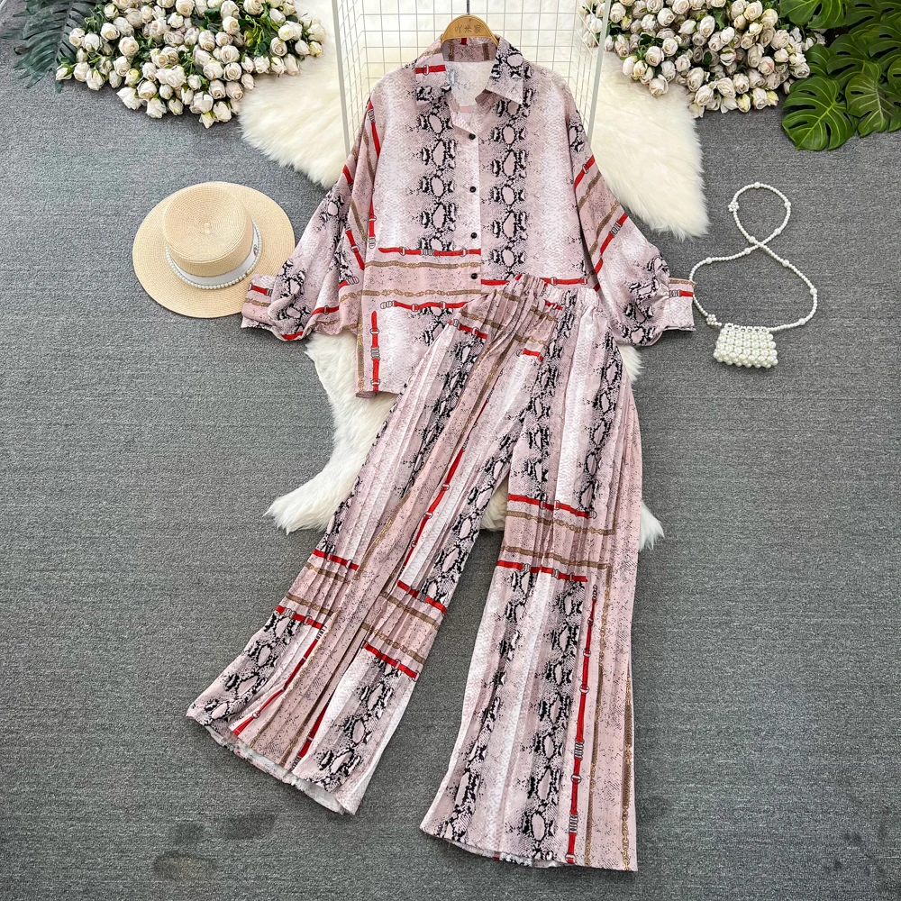 Fashion Set For Women Korean Long Sleeved Loose Single Breasted Print Shirt Two-piece High Waist Slim Straight Leg Wide Leg Pant