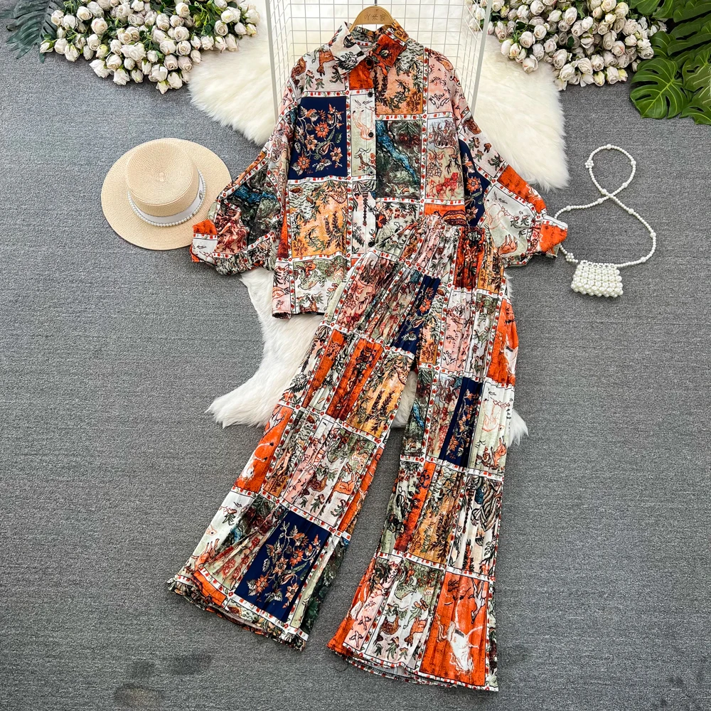 Fashion Set For Women Korean Long Sleeved Loose Single Breasted Print Shirt Two-piece High Waist Slim Straight Leg Wide Leg Pant