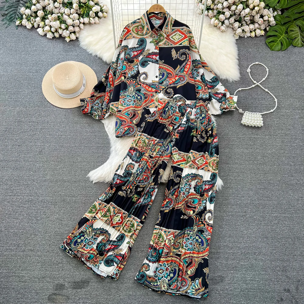 Fashion Set For Women Korean Long Sleeved Loose Single Breasted Print Shirt Two-piece High Waist Slim Straight Leg Wide Leg Pant