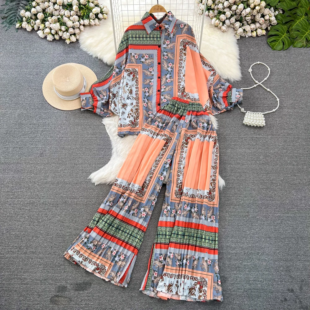 Fashion Set For Women Korean Long Sleeved Loose Single Breasted Print Shirt Two-piece High Waist Slim Straight Leg Wide Leg Pant