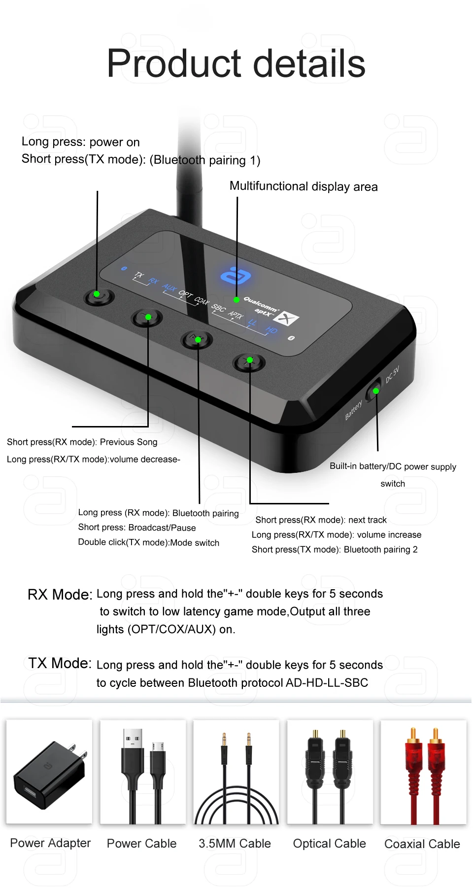 Hi-Res Bluetooth 5.2 Audio Transmitter Receiver 2 In 1 aptX Adaptive With Optical, Coaxial, AUX 3.5m Bypass 4 Synchronous Output