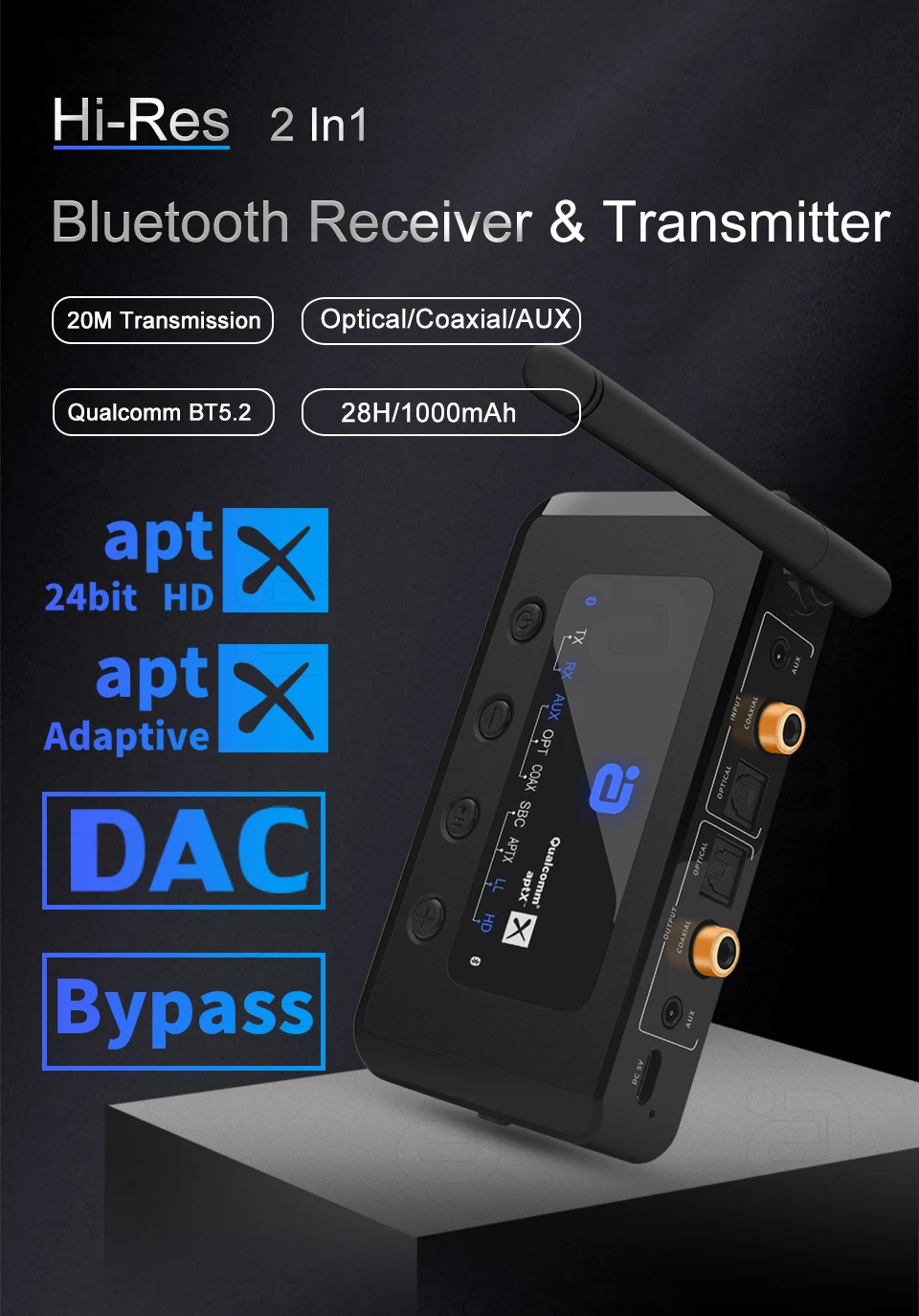 Hi-Res Bluetooth 5.2 Audio Transmitter Receiver 2 In 1 aptX Adaptive With Optical, Coaxial, AUX 3.5m Bypass 4 Synchronous Output