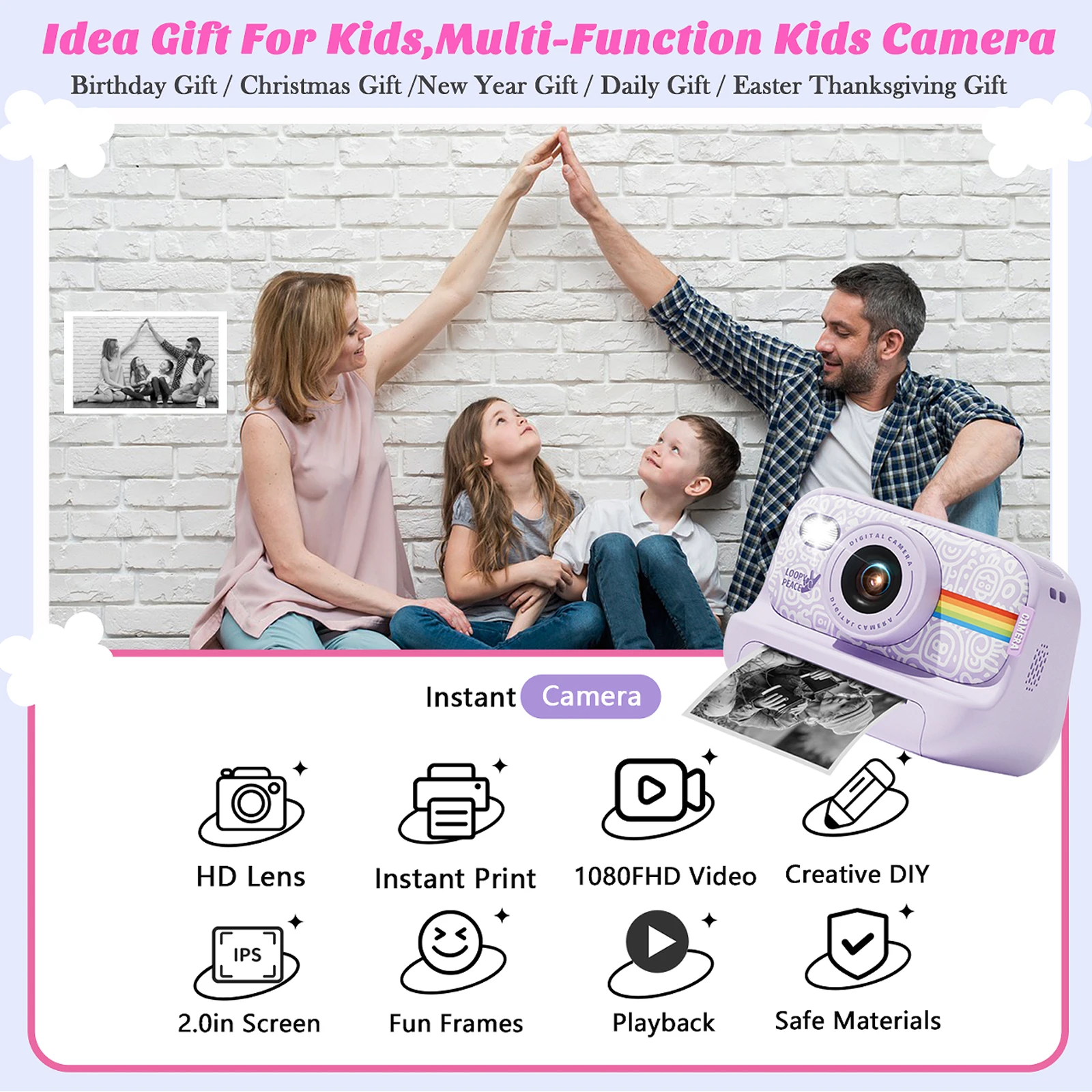 Instant Print Camera for Kids,2.0 Inch Screen Kids Instant Cameras, Christmas Birthday Gifts for Girls Age 3-12,Toddler Toy