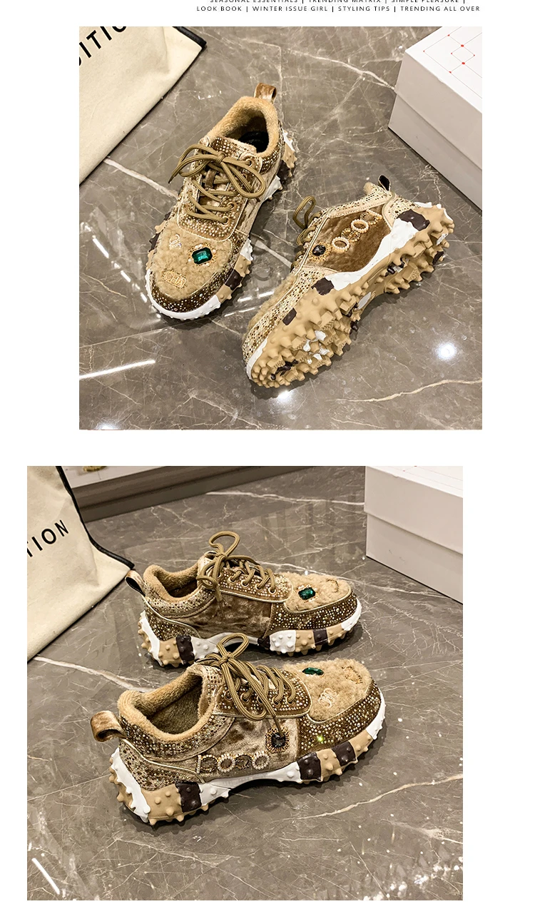 Women Sneakers Winter Fashion Luxury Rhinestone Ladies Shoes Outdoor Platform Female Sports Shoes Fleece-lined Ladies Vulcanized