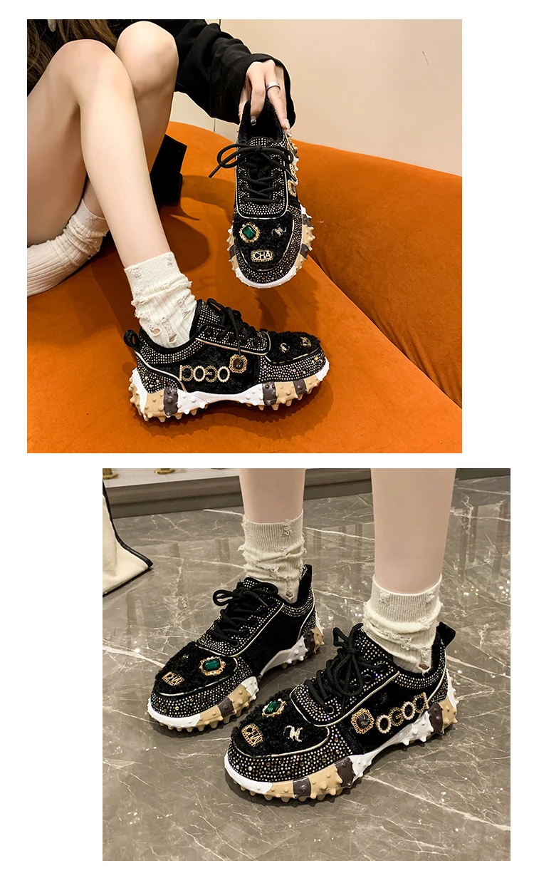 Women Sneakers Winter Fashion Luxury Rhinestone Ladies Shoes Outdoor Platform Female Sports Shoes Fleece-lined Ladies Vulcanized