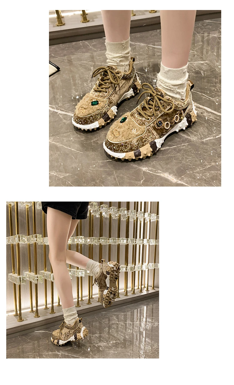 Women Sneakers Winter Fashion Luxury Rhinestone Ladies Shoes Outdoor Platform Female Sports Shoes Fleece-lined Ladies Vulcanized