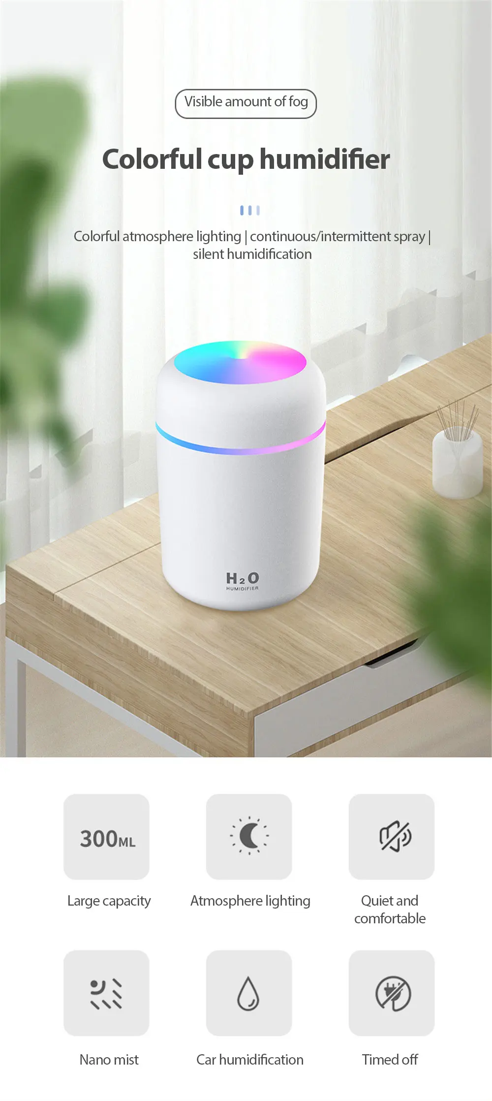 300ml Air Humidifier Portable Ultrasonic Colorful Light H2O Aroma Diffuser Cool Mist For Car Bedroom Home Purifier Humificador