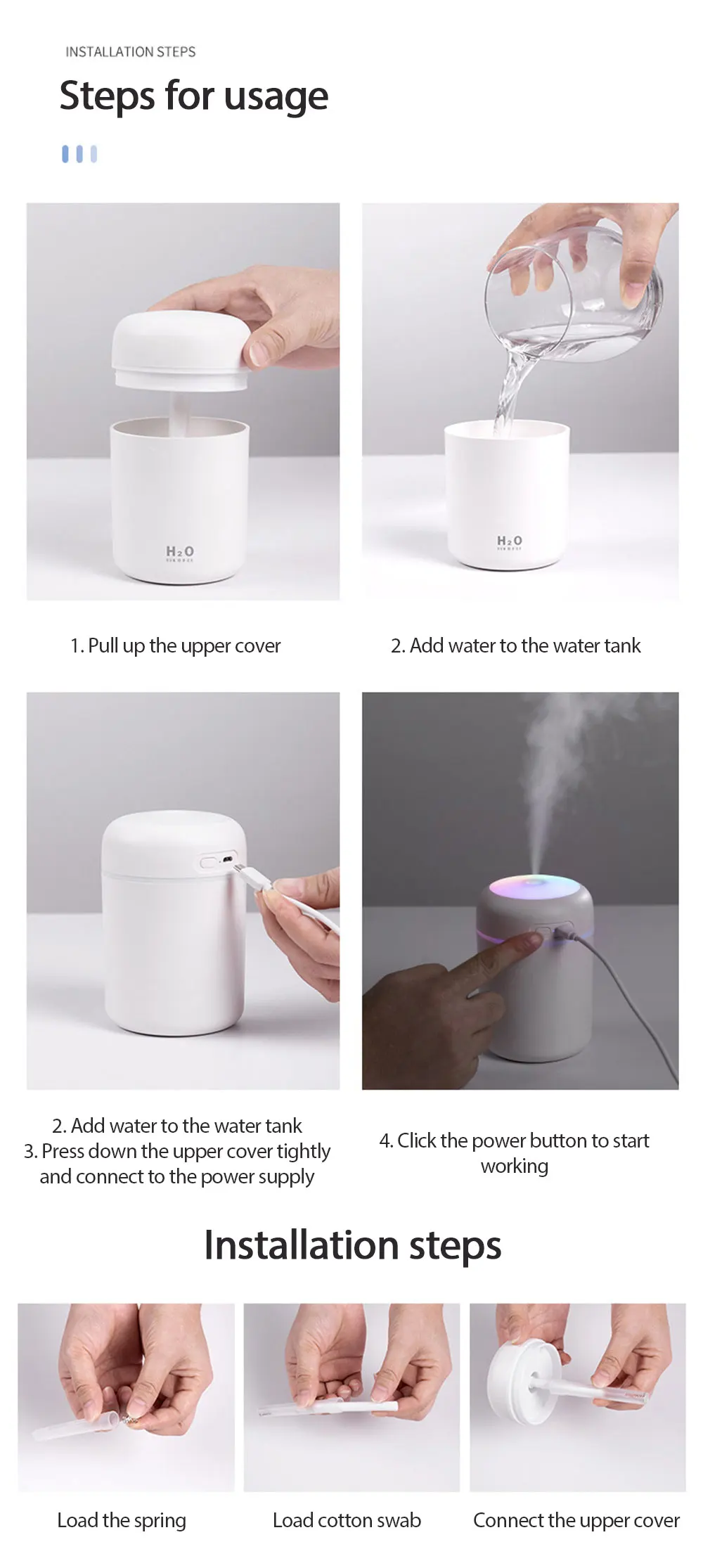 300ml Air Humidifier Portable Ultrasonic Colorful Light H2O Aroma Diffuser Cool Mist For Car Bedroom Home Purifier Humificador