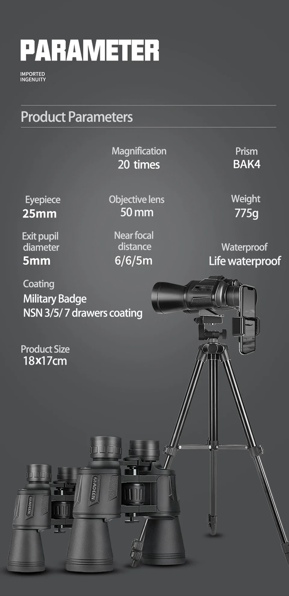 50000M German Military 20X50 Zoom HD BAK4-Prism Powerful Binoculars Long Range Professional Telescope Low Night Vision Camping