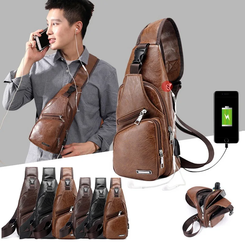 Men Anti Theft Chest Bag Shoulder Bags Short Trip Bags Men'S Leather Sling Pack Usb Charging Crossbody Travel Hiking Package